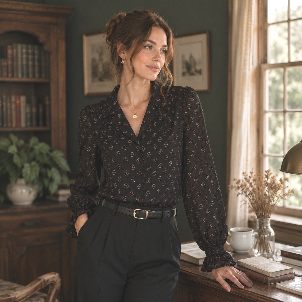 DR2 Black Floral Print Chiffon Blouse Notch Lapel Smocked Cuff Cottagecore‎ Boho
